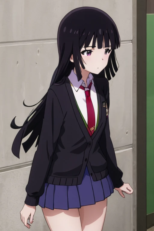 best quality, masterpiece, highres, solo, {mitsuki_kanzaki_imocho:1.15}, black_hair, long_hair, bangs, purple_eyes, 1girl, cardigan, necktie, school_uniform, skirt