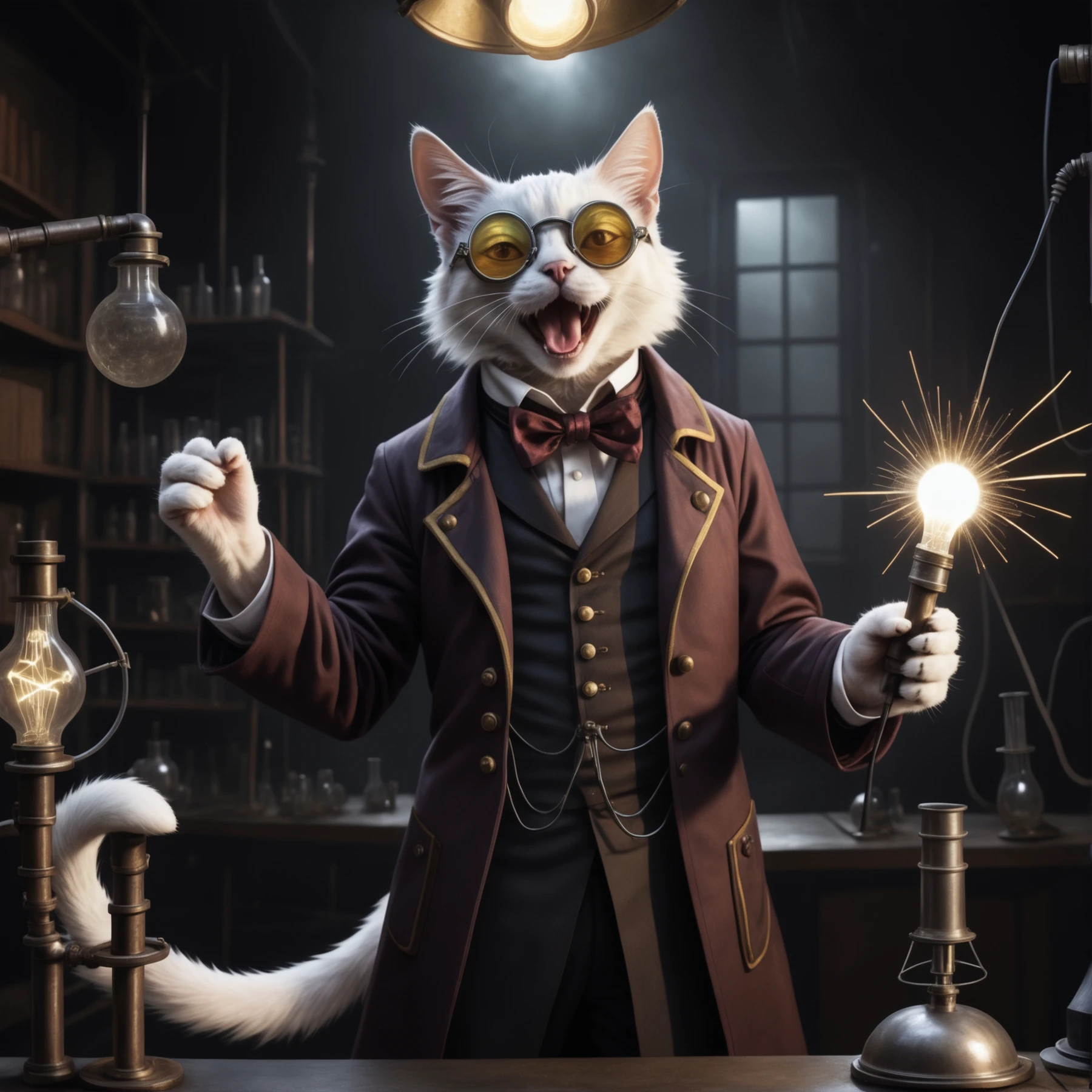 old evil scientist, (((cat))), psycho, laughing, science coat, dark experiments, electricity sparks, victorian, dark science lab, steampunk sun glasses, dark atmosphere, Homunculus
