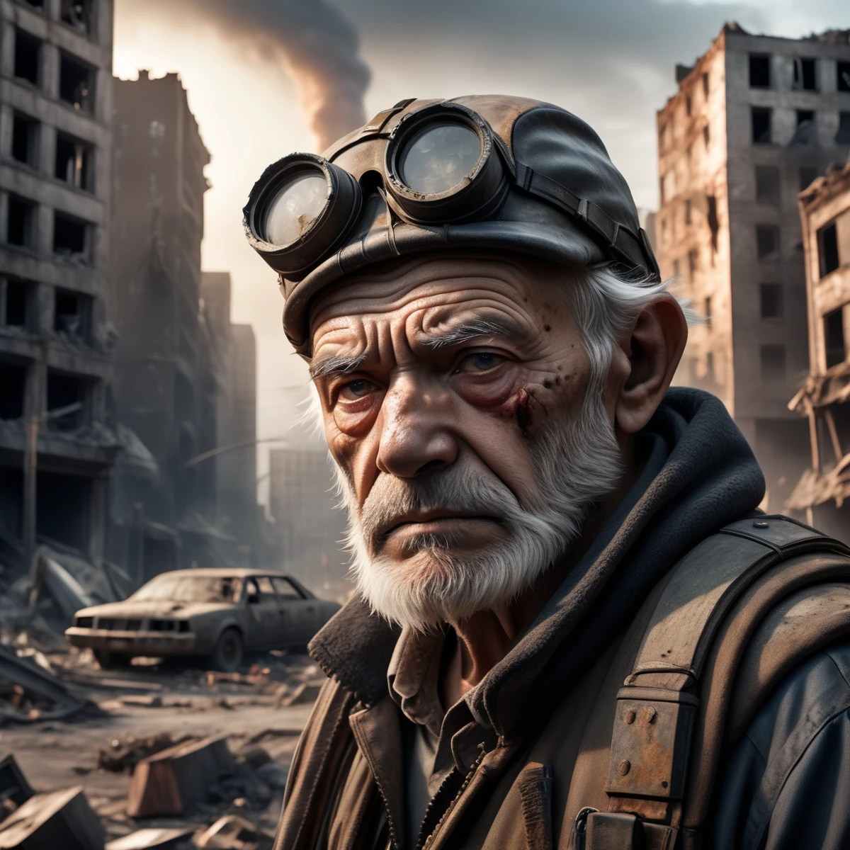 sad old man in a post apocalyptic destroyed city after nuclear blast, newdawn, closeup, high quality photography, 3 point lighting, flash with softbox, 4k, Canon EOS R3, hdr, smooth, sharp focus, high resolution, award winning photo, 80mm, f2.8, bokeh , detailed, realistic, 8k uhd, high quality