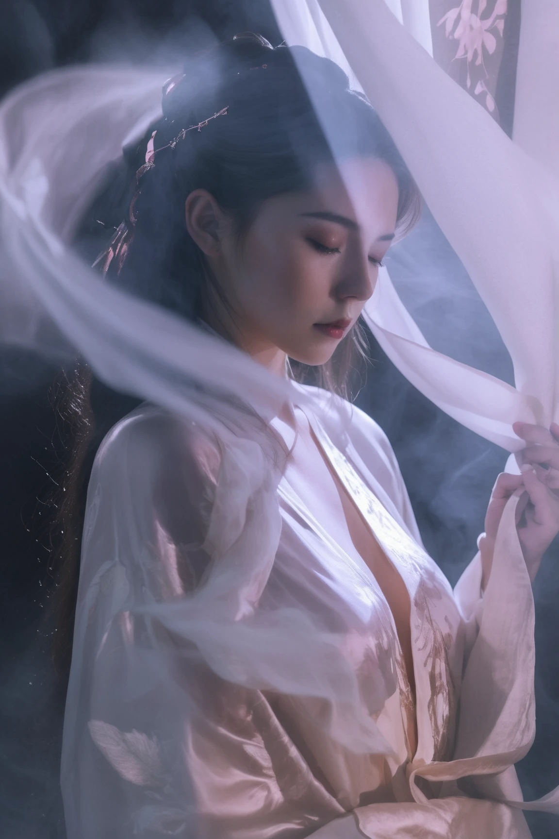 Volumetric Lighting, Double Exposure Style, a girl with Satin slip dress, double image ghost effect, image combination, double exposure style, light depth, dramatic atmospheric lighting, Volumetric Lighting