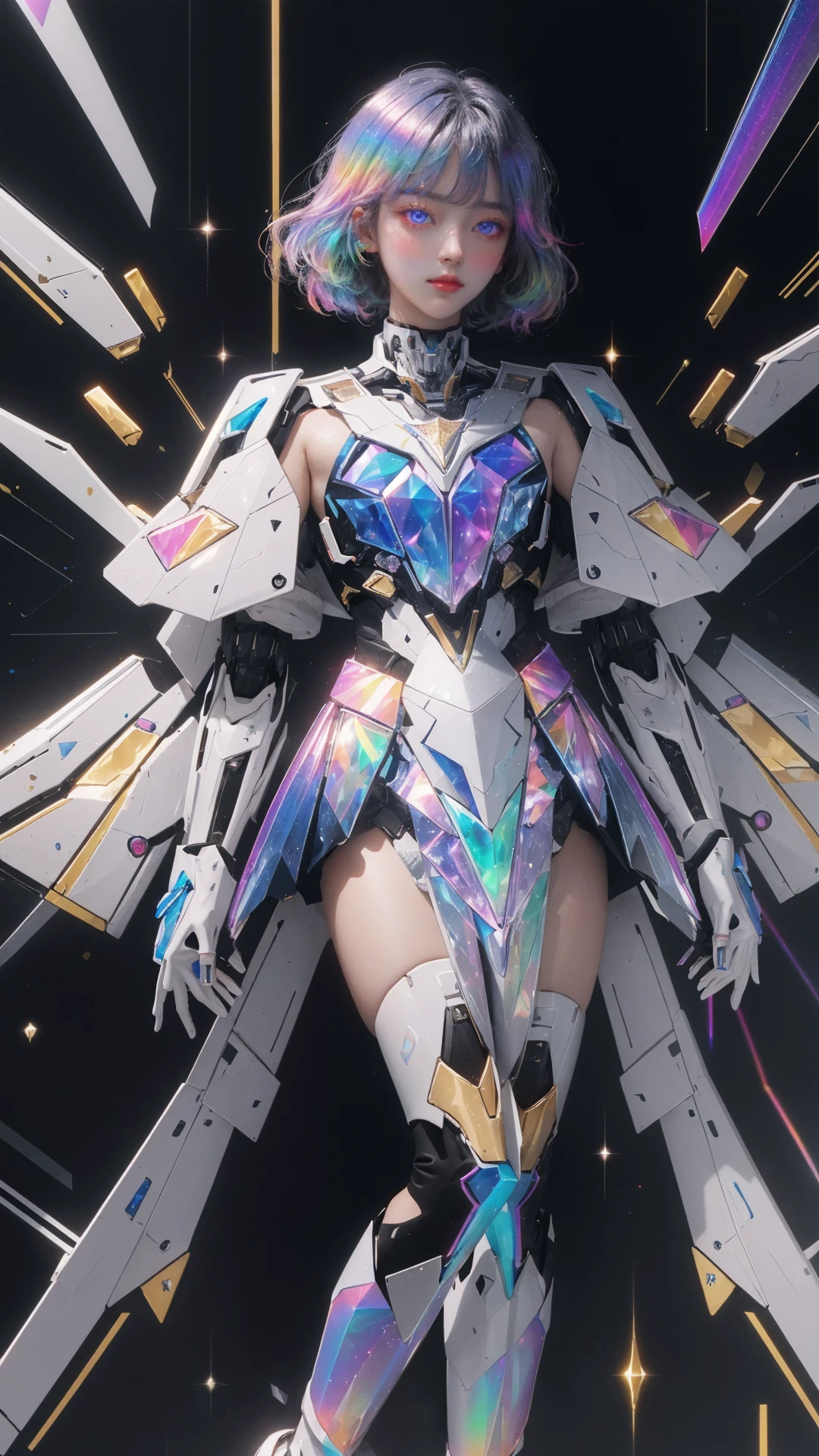 masterpiece, best quality,highres, 1girl, perfect stature, fashion pose, bangs, <lora:liuli:0.6>, chromatic dispersion,metallic_lustre, tansparent_plastic, coloured glaze, Polychromatic prism effect, rainbowcore, iridescence/opalescence, glowing colors, aluminum foil, Glowing ambiance, white mecha, <lora:Mecha:0.4>