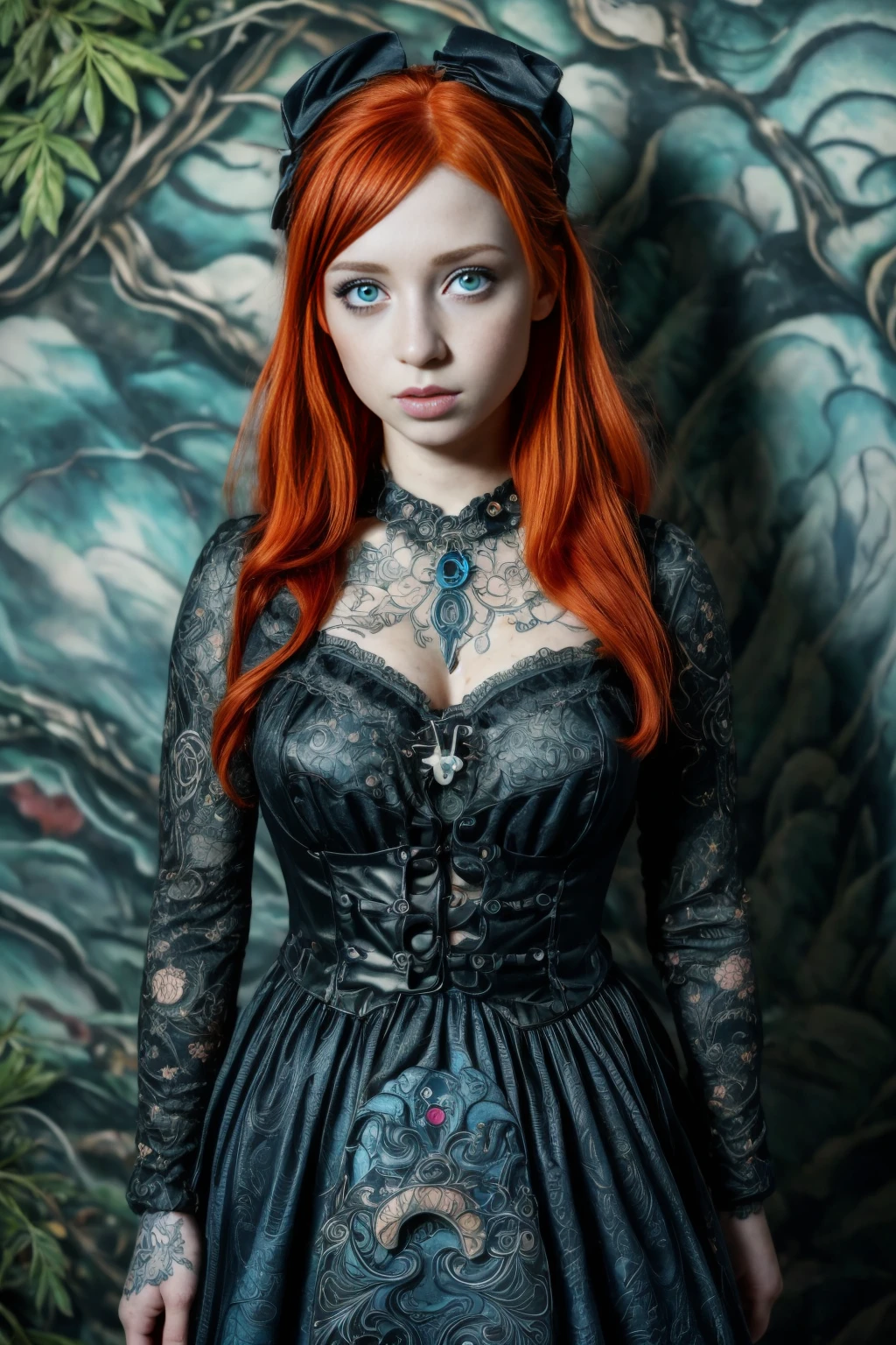 A woman in her 20s, looking at the camera, she has freckles, green eyes, she has Lush redhead hair, black tttattoo, wearing a ((blue gothgal outfit)), hyperdetailed, hyperrealism, detailed skin texture, ((best quality)), ((masterpiece)), (detailed), 8k uhd, Nikon 70d, ISO200, F/2.8, 1/25sec, 70mm, ((fantasy background:1.2)) <lora:ballgownGoth:0.7> <lora:more_details:0.7> <lora:tttattoo_20230627140317:0.7>