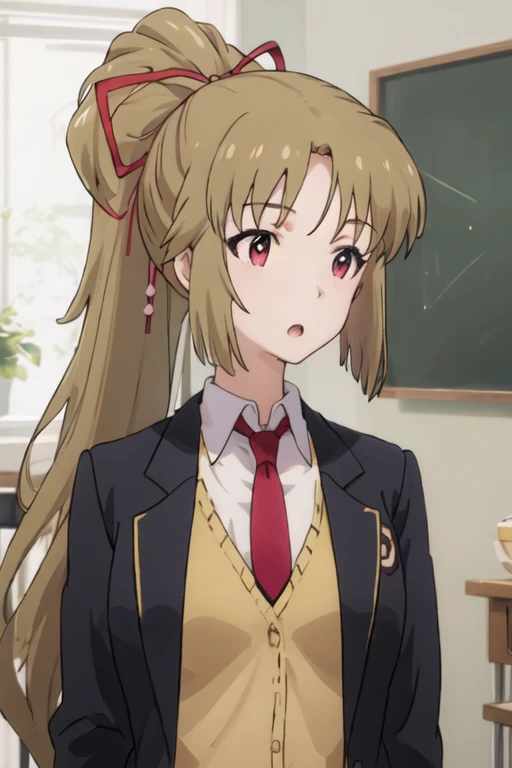 best quality, masterpiece, highres, solo, {yukina_kiritani_imocho:1.15}, ponytail, brown_hair, long_hair, hair_ribbon, ribbon, red_ribbon, red_eyes, 1girl, blazer, jacket, necktie, pink_eyes, school_uniform, shirt, red_necktie, :o