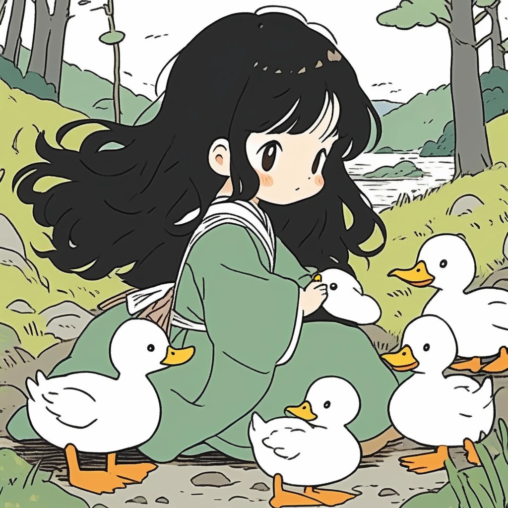 cute litter girl,cute Duck, in the The Appalachian Trail,long wavy hair, black hair,  ghibli anime style,, (masterpiece,best quality,niji style)