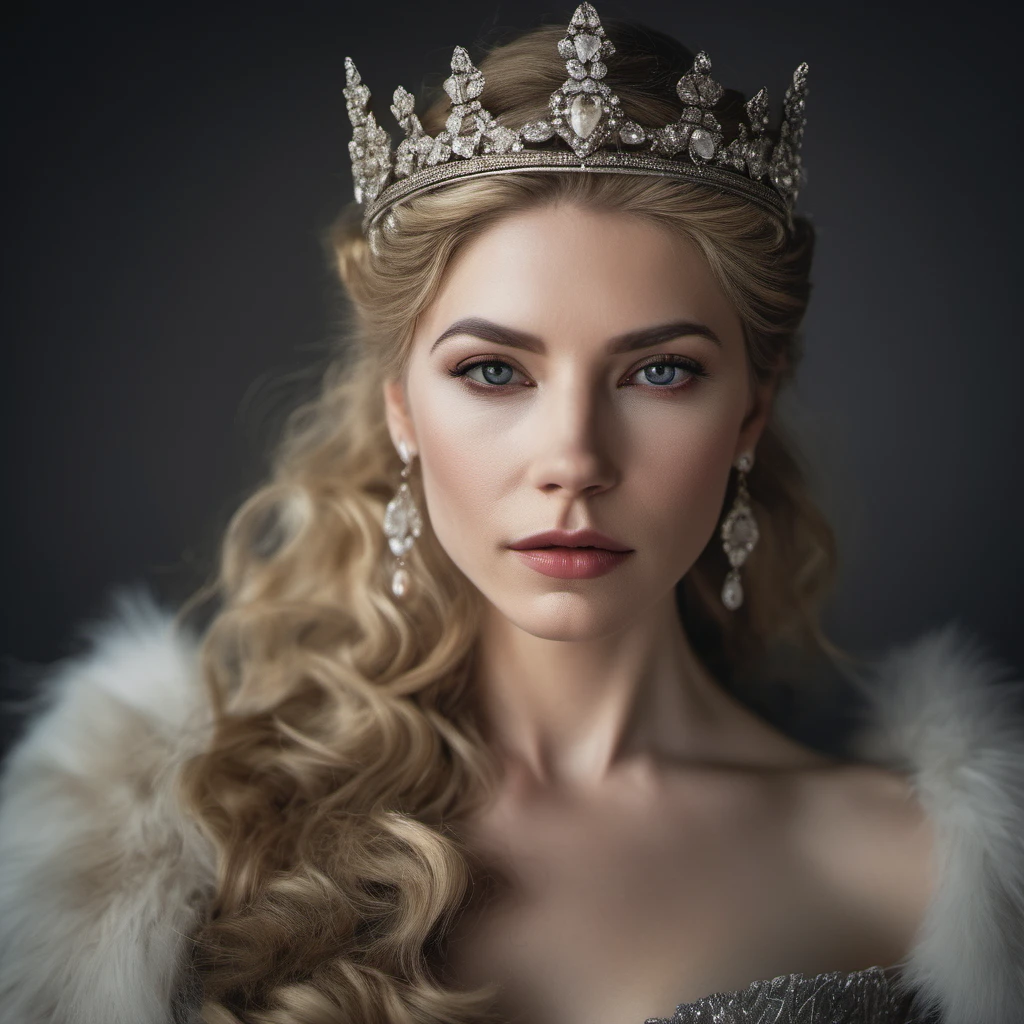 Portrait photo of an actress dressed as a medieval queen with a delicate tiara on her head, Nikon Z9, realistic matte skin, skin texture visible, (sharp focus), (high quality)