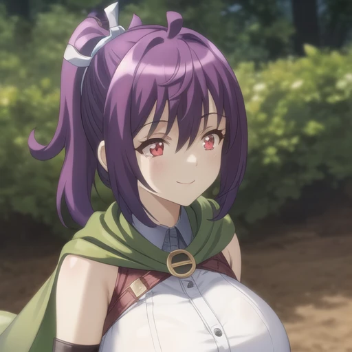 (masterpiece, best quality:1.2),illustration,8k,hd,1girl,solo,upper body,(portrait:1.2),large breasts,purple hair,ponytail,smile,long hair,white shirt,cape,red eyes,fingerless gloves,denim shorts,hair between eyes,hair ribbon,white legwear,brown footwear,<lora:Irari-V1>,