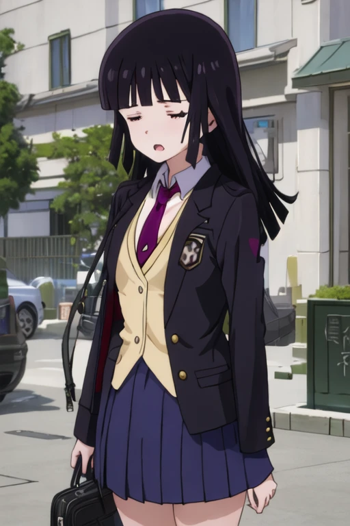 best quality, masterpiece, highres, solo, {mitsuki_kanzaki_imocho:1.15}, black_hair, long_hair, bangs, purple_eyes, 1girl, blazer, closed_eyes, jacket, necktie, school_uniform, open_mouth, parody