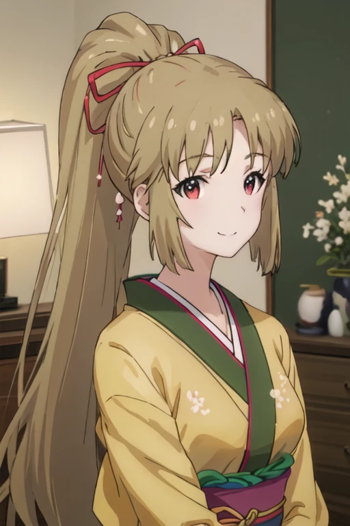 best quality, masterpiece, highres, solo, {yukina_kiritani_imocho:1.15}, ponytail, brown_hair, long_hair, hair_ribbon, ribbon, red_ribbon, red_eyes, 1girl, bangs, japanese_clothes, kimono, looking_at_viewer, indoors, parted_bangs, closed_mouth, smile, anime_coloring, collarbone, upper_body, blurry, blurry_background, ceiling_light, green_kimono