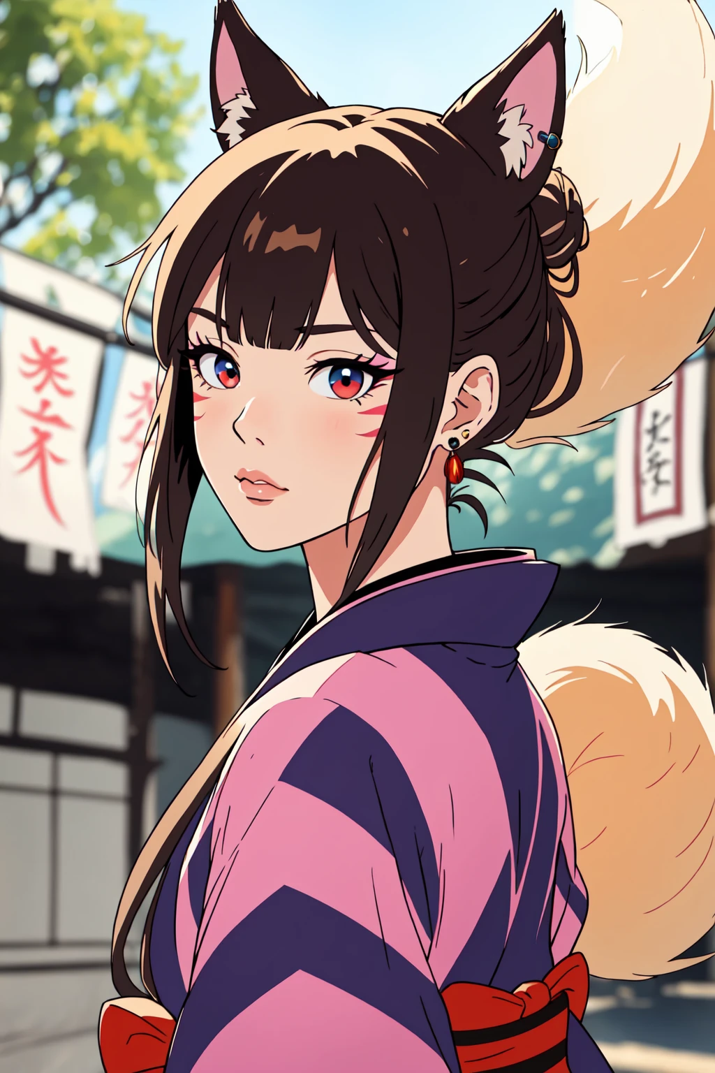 looking at viewer, looking at viewer, punk rock, multicolored hair, fur trim, jewellery, earrings, makeup, eyeliner , visual kei, rock star vibes, blush, bangs, blue eyes, blonde hair, hair ornament, jewelry, upper body, sidelocks, earrings, outdoors, japanese clothes, multiple boys, solo focus, striped, looking back, kimono, hair bun, from behind, blurry, lips, sash, depth of field, blurry background, obi, single hair bun, yukata, red kimono, festival, striped Best_QualityPos EarthFoxNoGender