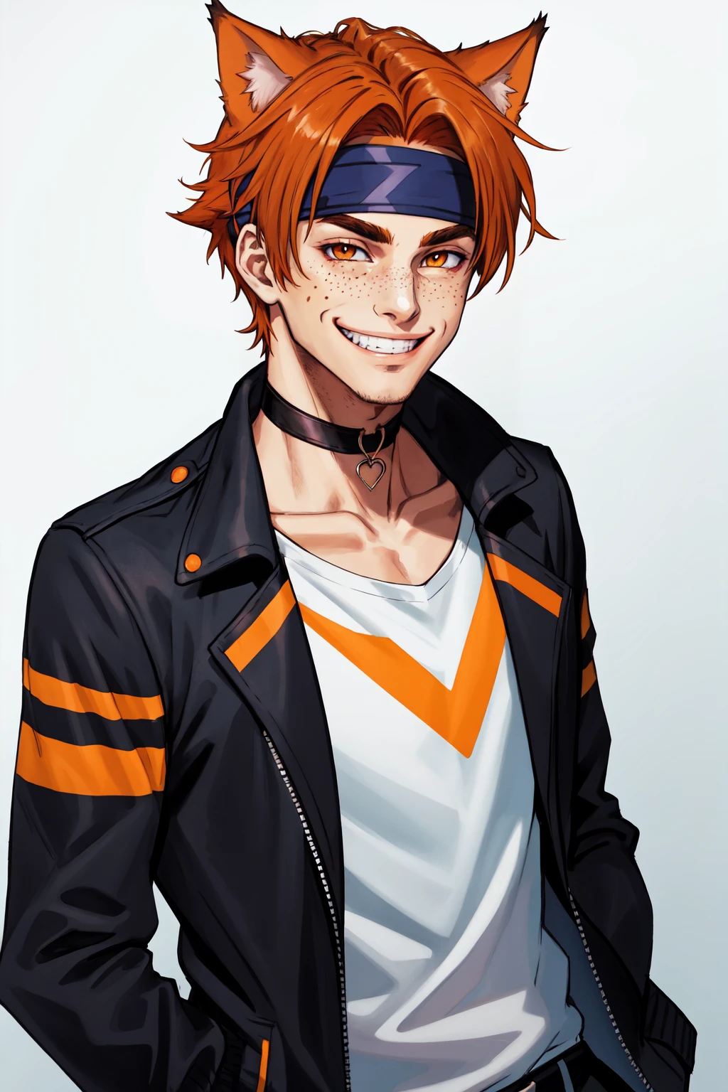cat ears, 1boy, male focus, solo, smile, orange eyes, freckles, auburn hair, thick eyebrows, looking at viewer, choker, headband, grin, jacket