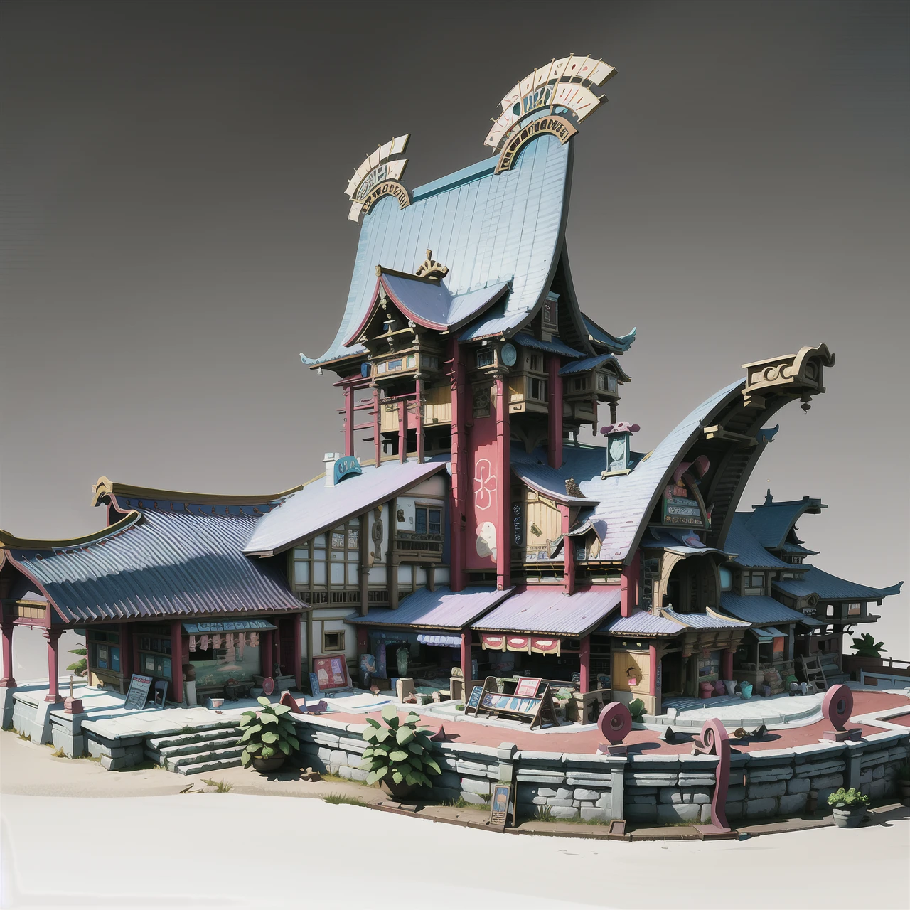 (masterpiece:1.2), best quality, masterpiece, highres, original, extremely detailed wallpaper, perfect lighting, CG,realism,oil painting,unreal engine,concept art,grey_background,scenery, building,science fiction,east asian architecture,