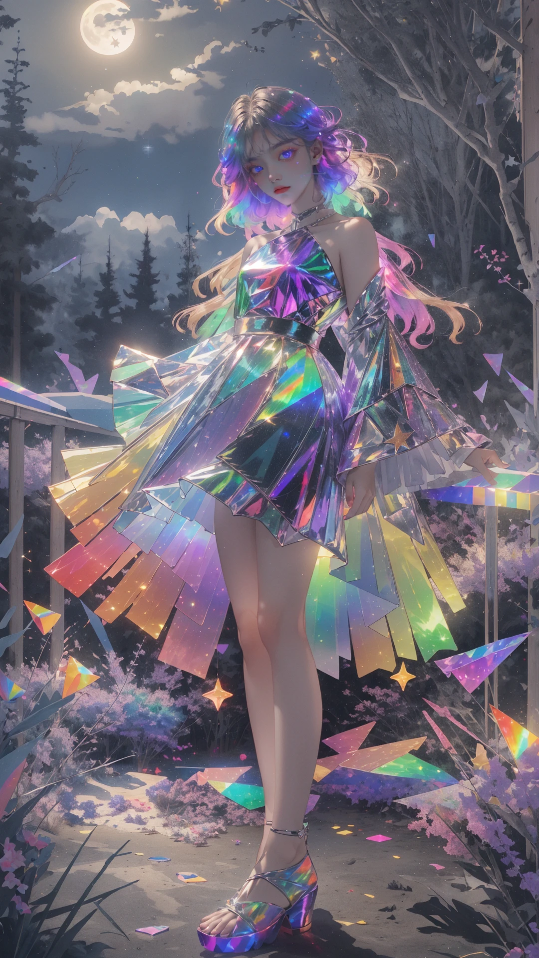 masterpiece, best quality,highres, 1girl, look_at_viewer, tall, perfect stature, liuli,<lora:liuli:0.6>,bangs, chromatic dispersion, tansparent_plastic, coloured glaze, Polychromatic prism effect, iridescence/opalescence, glowing colors, aluminum foil, Glowing ambiance,, moonlight, stars in the eyes, <lora:butterfly:0.5>