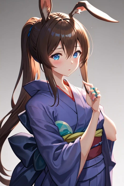 best quality, masterpiece, highres, solo, {yukata:1.40}, {kimono:1.20}, {amiya_arknights:1.15}, animal_ears, brown_hair, rabbit_ears, long_hair, bangs, blue_eyes, hair_between_eyes, sidelocks, jewelry, closed_mouth, ring, upper_body, ascot, ponytail, blush