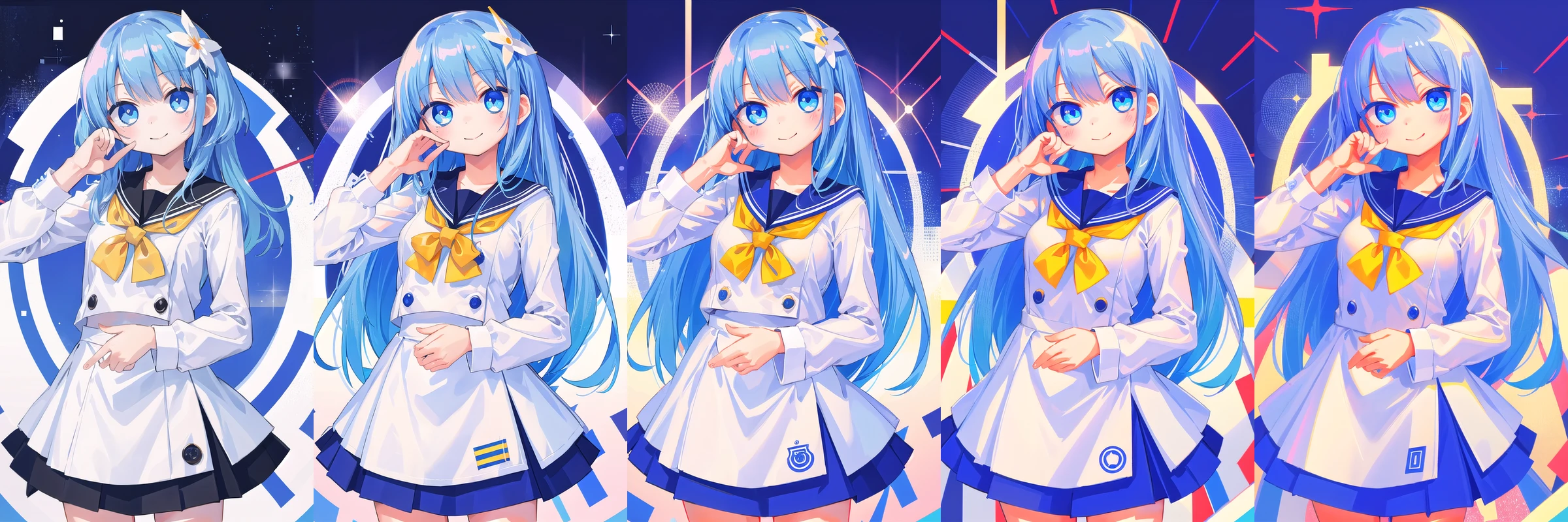 insanely detailed, absurdres, ultra-highres, ultra-detailed, best quality, 1girl, solo, , nice hands, perfect hands, BREAK, (wearing school uniform), happy smile, laugh, closed mouth, cute pose, cowboy shot, looking at viewer, BREAK, slender, kawaii, perfect symmetrical face, ultra cute girl, ultra cute face, ultra detailed eyes, ultra detailed hair, ultra cute, ultra beautiful, by Canon EOS, SIGMA Art Lens 35mm F1.4, ISO 200 Shutter Speed 2000, pop pattern background, small breasts, BREAK, blue hair, <lora:hotarusaturation_2_v100:1>