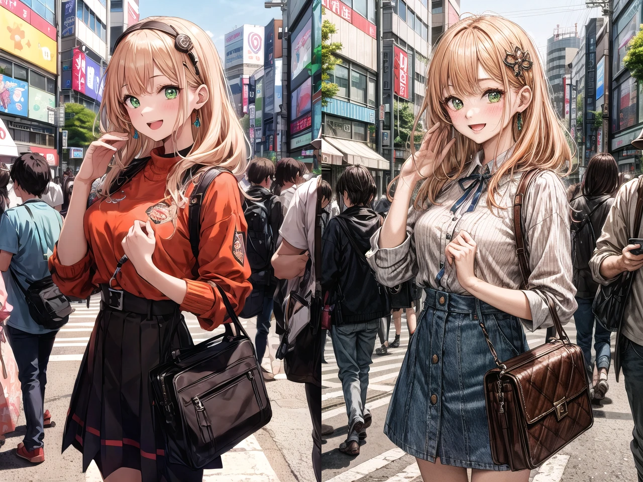 insanely detailed, absurdres, ultra-highres, ultra-detailed, best quality, 1 girl, solo, , nice hands, perfect hands, BREAK, happy smile, laugh, open mouth, dynamic pose, cowboy shot, looking at viewer, BREAK, slender, kawaii, perfect symmetrical face, ultra cute girl, ultra cute face, ultra detailed eyes, ultra detailed hair, ultra cute, ultra beautiful, by Canon EOS, SIGMA Art Lens 35mm F1.4, ISO 200 Shutter Speed 2000, in harajuku, shibuya, tokyo, street, crowd, cityscape, medium breasts, , BREAK, (orange medium hair, green eyes) <lora:make25d_type3_v100:1>