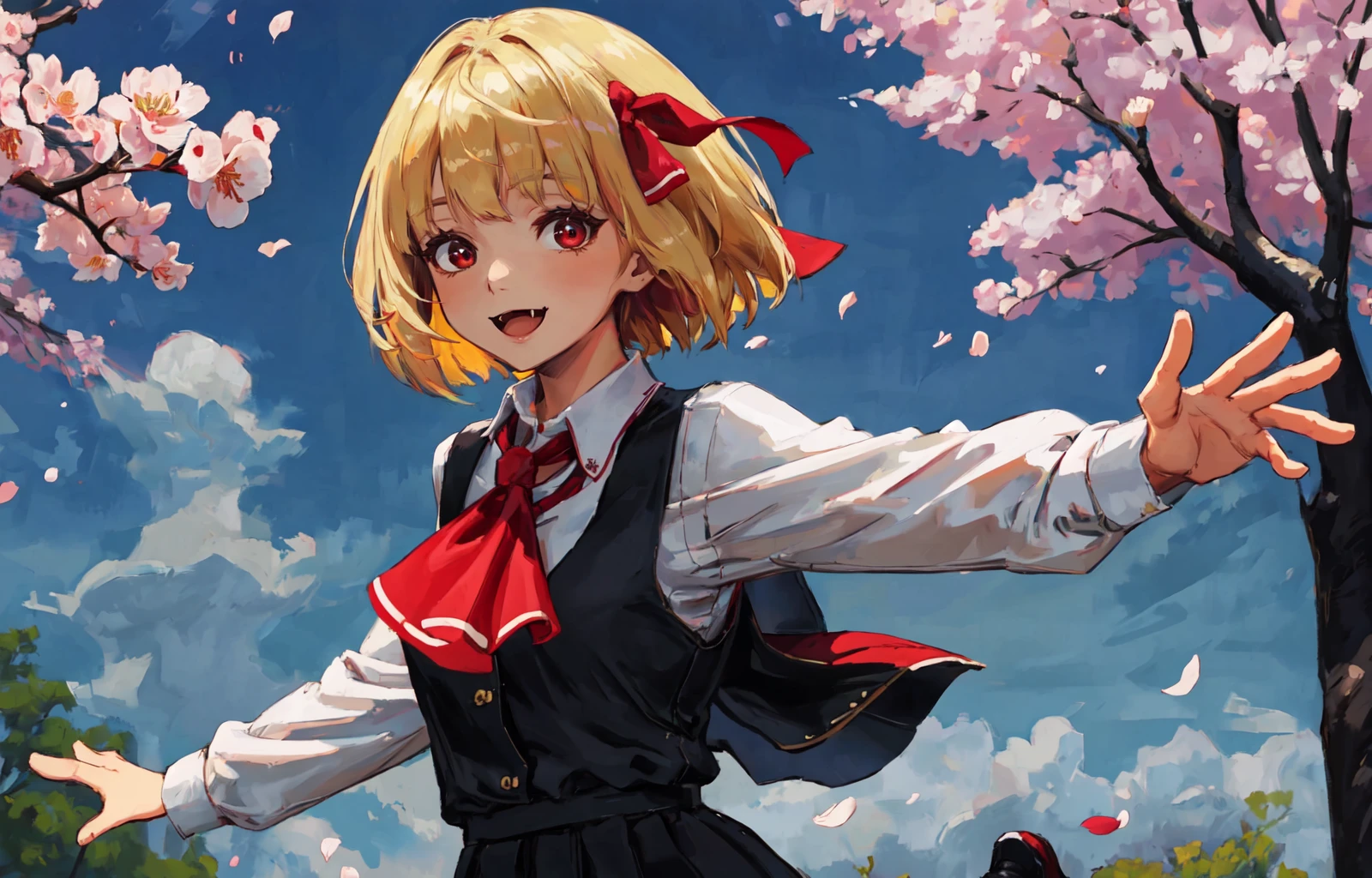 (masterpiece, best quality, detailed background, extremely detailed:1.5), BREAK 1girl, solo, (rumia, dress, red ascot, bow, short hair, :d, black fang, hair bow, spread arms, red eyes, bangs, collared shirt, red ribbon, ribbon, vest, long sleeves, skirt set, white shirt, black vest, darkness, necktie, shoes, hair ribbon, ascot, outstretched arms, blonde hair,:1.3), looking at viewer, sparkle, blush, upper body, claw pose, smile BREAK scenery, outdoors, sakura, cherry blossoms, falling petals, petals, cloud, sky BREAK depth of field, chromatic aberration, sidelighting, backlighting <lora:EnhancedBacklightingBG:1>