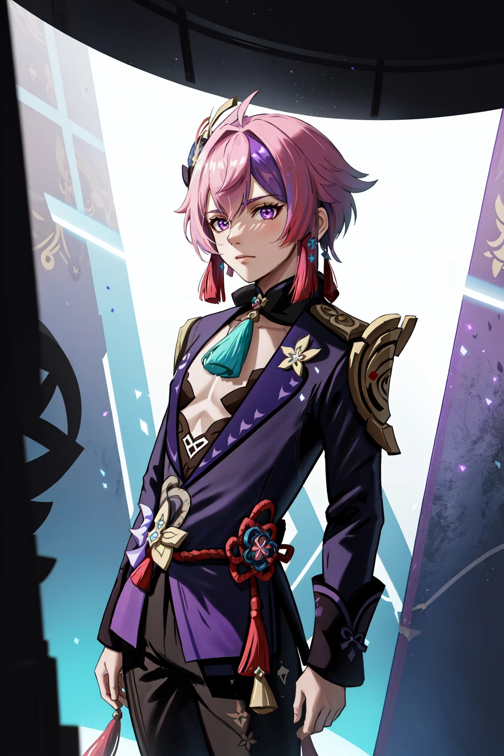 (masterpiece, official art, best illustration, extreme light and shadow), 1boy, solo, transgender male, flat chest, purple hair, pink hair, style of Genshin impact, hoyoverse, mihoyo, ((Genshin Impact)), kawaii, anime, purple eyes, two tone hair, depth of field, standing in a spaceship, close up, shiny skin, NeonLightingScene