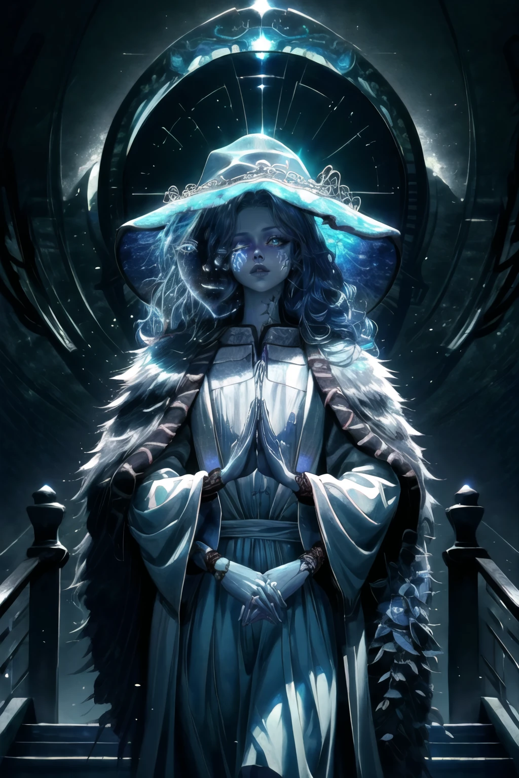 Highly detailed, High Quality, Masterpiece, beautiful, 1girl, solo, Ranni, wavy hair, blue skin, cracked skin, extra arms, extra faces, ExtraFaces, <lora:RanniV3:1>, dress, white dress, hat, cloak, own hands together, cowboy shot, <lora:Other_MoreDetails:0.5>, ghostdom, night, backlight, flowers:0.5, stairs, (milky way), (dark environment), (leo zodiac sign), <lora:FinalFallenStyle:1>, ExtraFacesRanni, <lora:Looks_ExtraFaces:1>