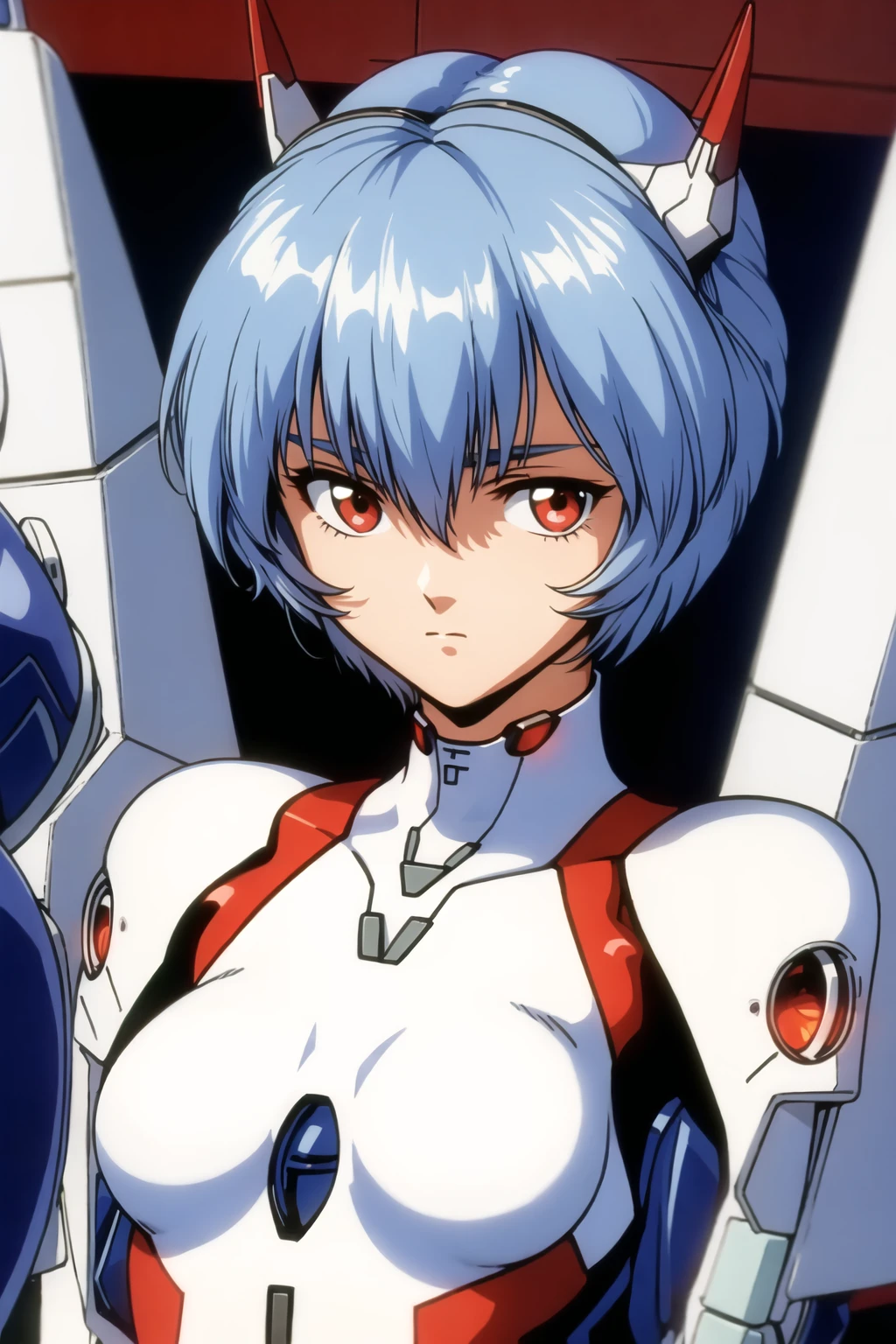 1girl, solo, breasts, looking at viewer, short hair, bangs, hair ornament, red eyes, hair between eyes, brown eyes, closed mouth, blue hair, upper body, small breasts, looking to the side, bodysuit, turtleneck, headgear, expressionless, retro artstyle, pilot suit, plugsuit, 1990s (style), white bodysuit, interface headset, ayanami rei