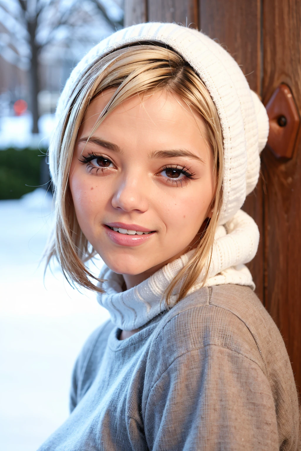 ashlynnbrooke, portrait, white turtlneck , detailed face, mascara, makeup, smiling, short hair, outdoor, winter, snow, detailed skin<lora:ashlynnbrooke2-000009:0.8>