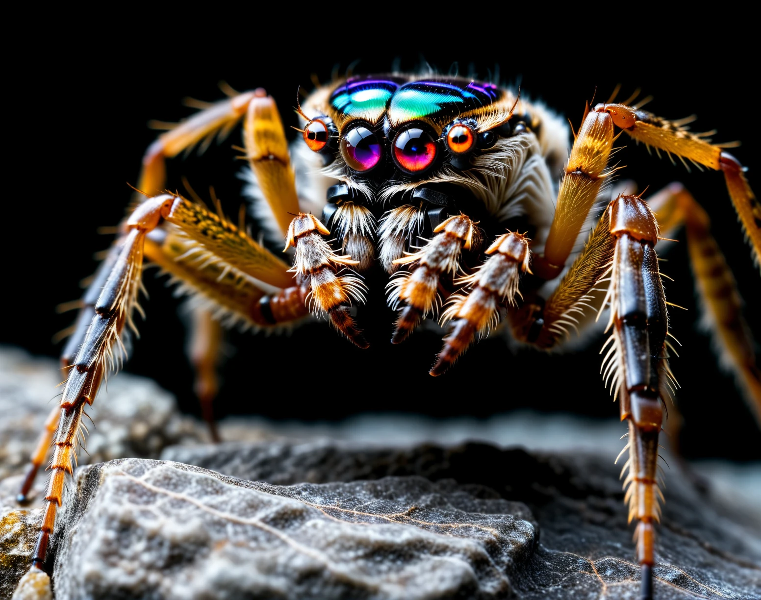 an image of the best quality showing extreme macro close-up side view photograph of a (wolf spider:1.2) on a rock, biomechanical (cyborg:1.1) enhancements, robotic animal, robot, beautiful, organic details, fine hair, focus stacking, iridescent, (mecha:0.7), holographic optics, dark background, in the style of macro photography, focus-stacking, studio photography, highly detailed, extreme realism, saturated colors, colorful, (metal gear solid:0.7), (tank:0.6), (weapon:0.7), many black eyes