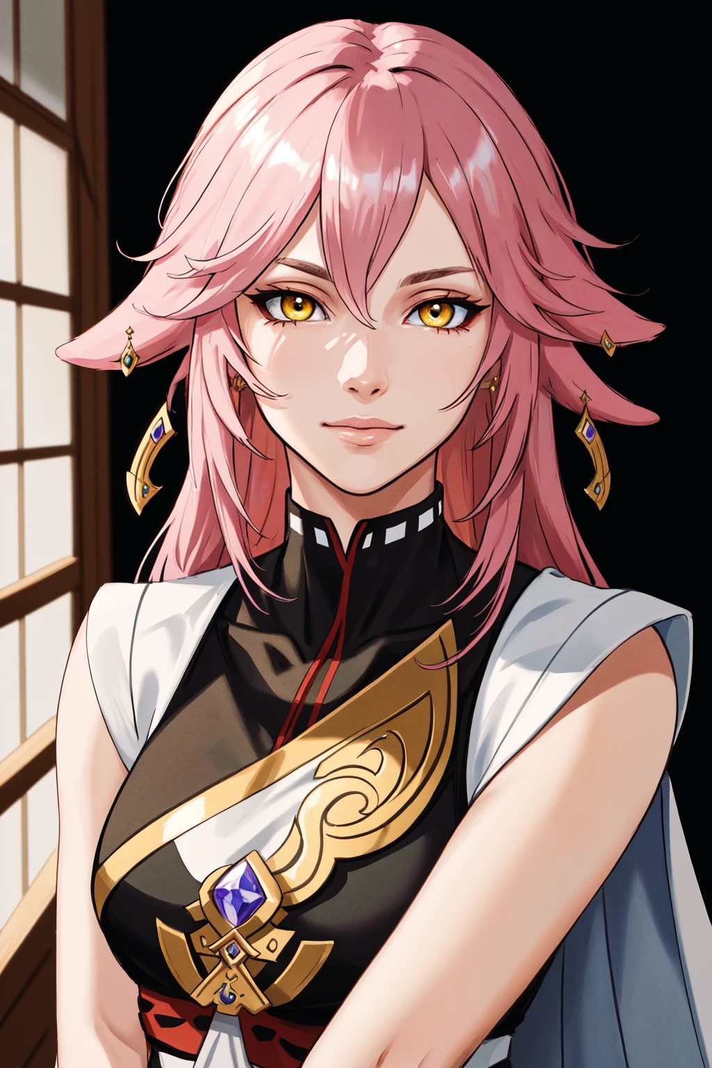 official, Yae Miko, pink hair, (masterpiece, best quality, ultra-detailed, highres), ((solo)), perfect face, sidelighting, lustrous skin,(bloom), (shine), lighting, ray tracing, sci-fi,1boy, male focus, yellow eyes, depth_of_field,very detailed background, highly detailed background, Masterpiece, Ultra detailed, great composition,Dynamic angle,extremely delicate and beautiful,(Highest picture quality), (Master's work), extreme light and shadow, masterpiece, rich in detail, (highest quality), (masterpiece), (detailed eyes), (beautiful) detailed,beautiful detailed eyes, upper body, (extremely detailed CG unity 8k wallpaper),(masterpiece), (best quality), (ultra-detailed), (best illustration),(best shadow),perfect lighting , perfect anatomy , vivid colors, (masterpiece), (Genshin Impact)