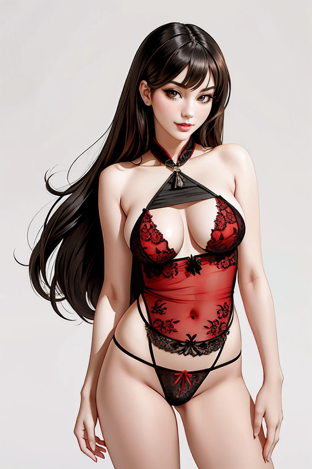 ((Masterpiece, best quality,edgQuality)),smug,smirk,bimbo,glossy,
edgDudou, 1girl, solo, long hair, looking at viewer, simple background, brown hair, white background, brown eyes, underwear, panties, black panties, lingerie, realistic ,wearing edgDudou chinese lingerie
<lora:edgDudou_MINI1:1>