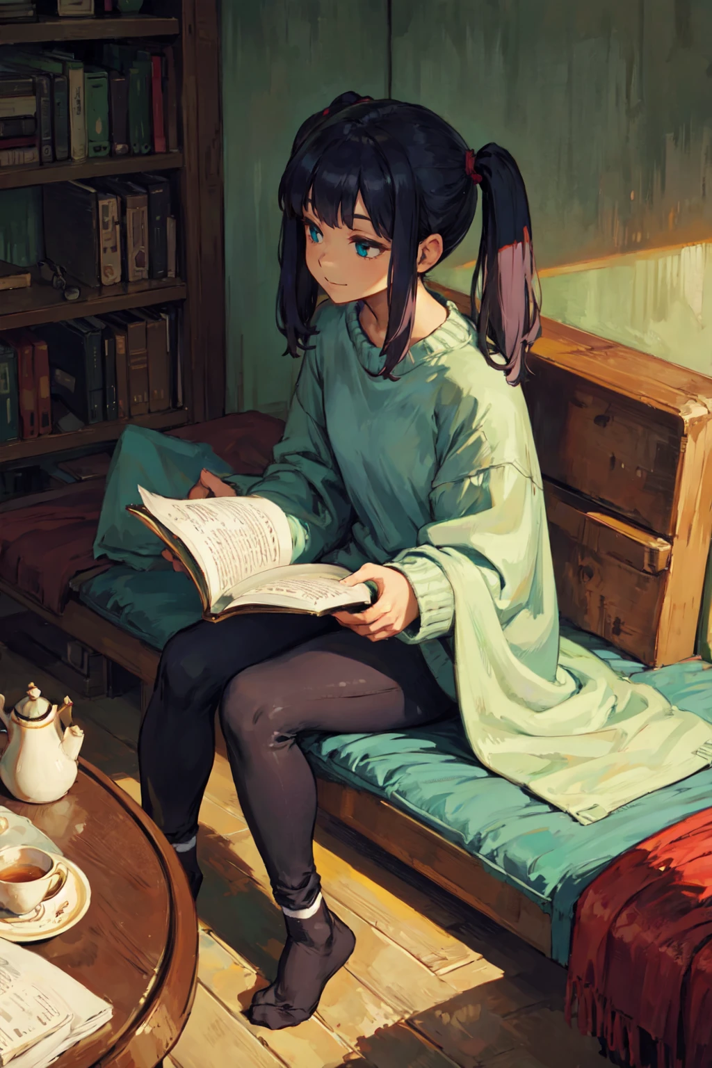 masterpiece, best quality, extremely detailed, detailed background, detailed face, BREAK 1girl, solo, cozy scene, contented expression, minty locks, azure eyes, twintails relaxed, comfortable celebration, tea in hand, homemade cake slice, warm blanket, reading corner, bookshelf backdrop, quiet joy, tranquil day, BREAK leisurely pause, flipping pages, favorite book, reflective smile, peaceful ambiance, serene atmosphere, cozy details, authentic charm, BREAK casual attire, oversized sweater, leggings, socks, cozy fashion, comfort personified, relatable style,