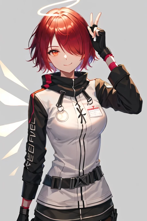 best quality, masterpiece, highres, solo, {exusiai_arknights:1.15}, red_hair, halo, short_hair, bangs, smile, wings, upper_body, hair_over_one_eye, closed_mouth, red_eyes, orange_eyes, 1girl, jacket, looking_at_viewer, white_jacket, brown_eyes, portrait, simple_background, white_background, black_gloves, fingerless_gloves, gloves
