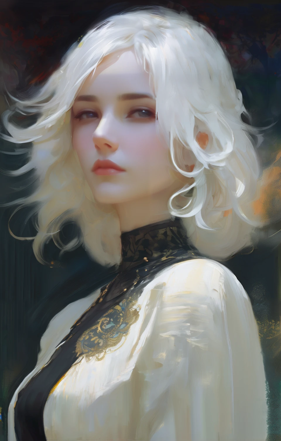 (Style by NTY:1.4), a woman, black shirt, white hair, intricate, dark, <lora:OilPaint:0.7>