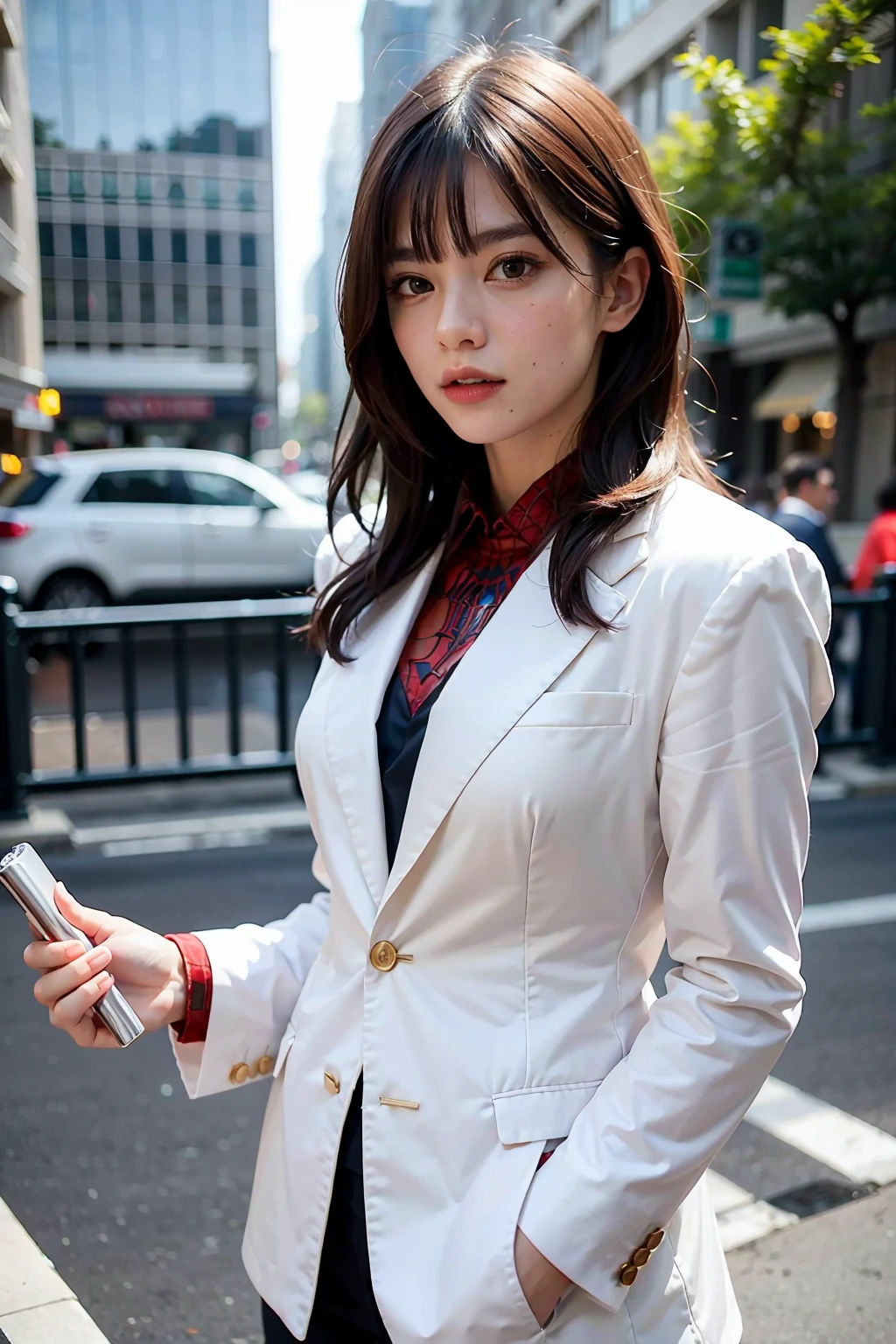 (masterpiece), best quality, perfect face, ray tracing, 1girl, spiderman formal suit, <lora:WeeBNK48-02:1>