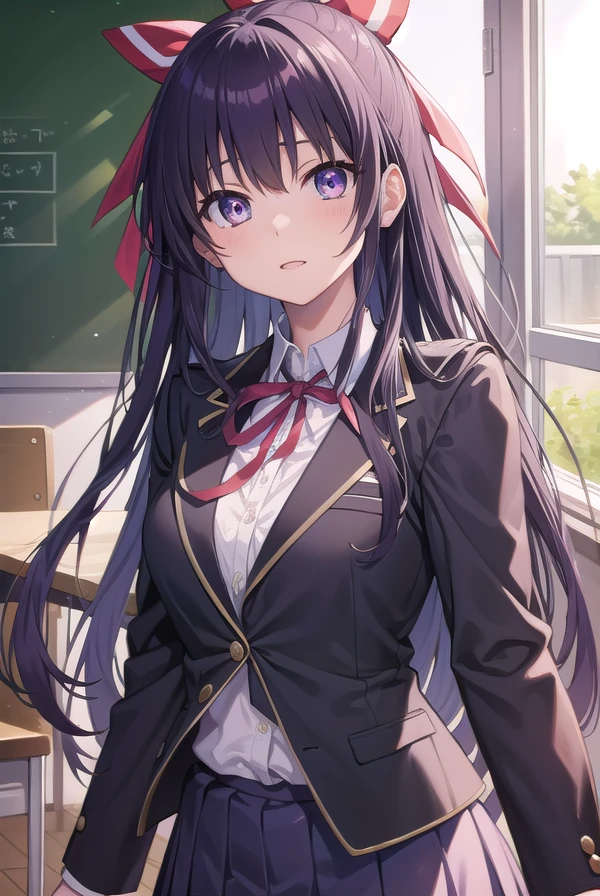 tookayatogami, <lora:tookayatogami-lora-nochekaiser:1>, 
tooka yatogami, hair ribbon, (purple eyes:1.1), purple hair, long hair, ribbon,
BREAK raizen high school uniform, school uniform,
BREAK looking at viewer, 
BREAK indoors, classroom,
BREAK <lyco:GoodHands-beta2:1>, (masterpiece:1.2), best quality, high resolution, unity 8k wallpaper, (illustration:0.8), (beautiful detailed eyes:1.6), extremely detailed face, perfect lighting, extremely detailed CG, (perfect hands, perfect anatomy),