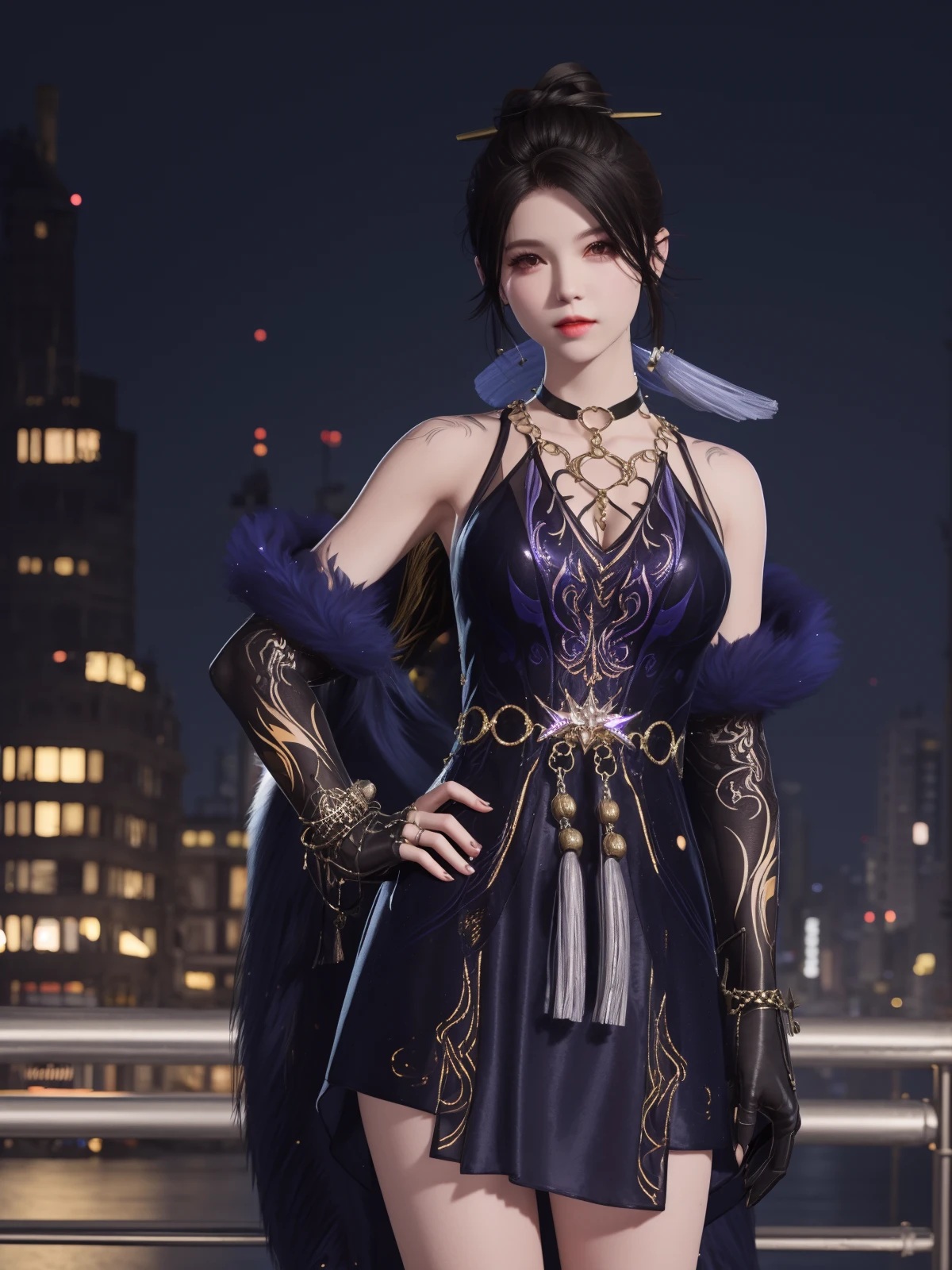 YJWJyulinglongXSLY, 1girl,jewelry, solo,black hair,single hair bun,  dress, hair stick, yellow eyes, bracelet, bell,choker,fur trim,elbow gloves, tassel,   <lora:YJWJyulinglongXSLY:0.75>,cityscape, night, looking at viewer, mature female, hand on hip,