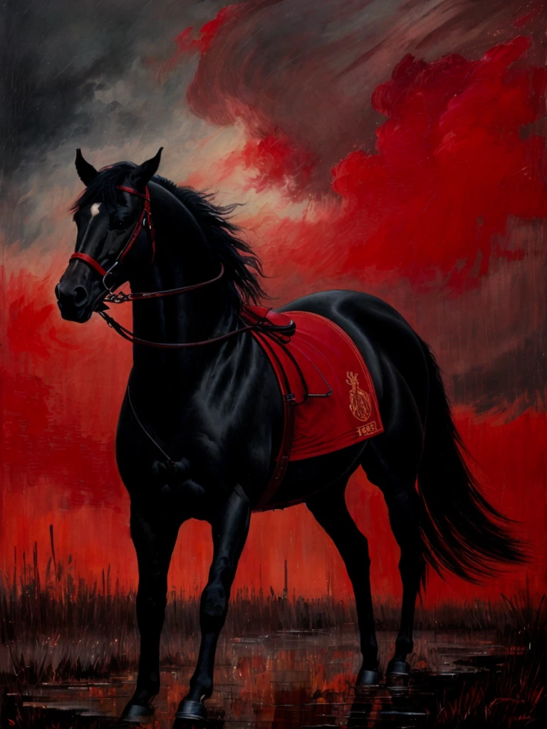 Death in a raincoat with a scythe on a horse, low detail, (abstract art:1.2), impressionism, (surreal:1.2), ( style of gerald brom:1.1), bright , night, (19th century clothing:1.2), apotheosis, psychedelic, melancholy, absurdres, painterly, expressive, masterpiece, (abstract art:0.8)+, style of Yuko Shimizu, dark red theme, dark theme, church, thunderstorm background, best quality, ultra high res, cinematic lighting
