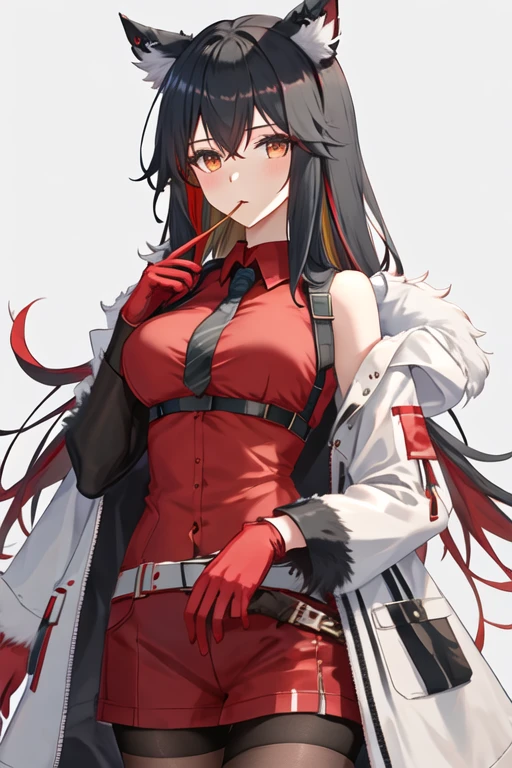 best quality, masterpiece, highres, solo, {texas_arknights:1.15}, black_hair, animal_ears, long_hair, wolf_ears, bangs, animal_ear_fluff, hair_between_eyes, multicolored_hair, red_hair, upper_body, breasts, two-tone_hair, brown_eyes, 1girl, black_shirt, food, fur_trim, gloves, jacket, long_sleeves, looking_at_viewer, official_alternate_costume, open_clothes, pocky, shirt, white_jacket, food_in_mouth, holding, mouth_hold, red_gloves, colored_inner_hair, holding_food, hood, open_jacket, fur-trimmed_sleeves, shoulder_strap