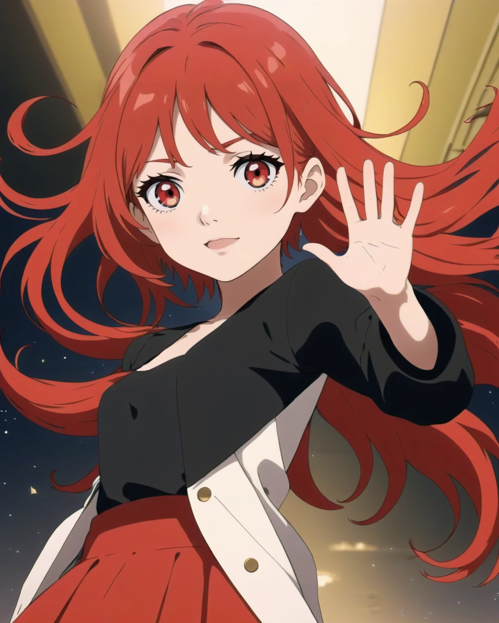1girl, red hair, waving, masterpiece, best quality,