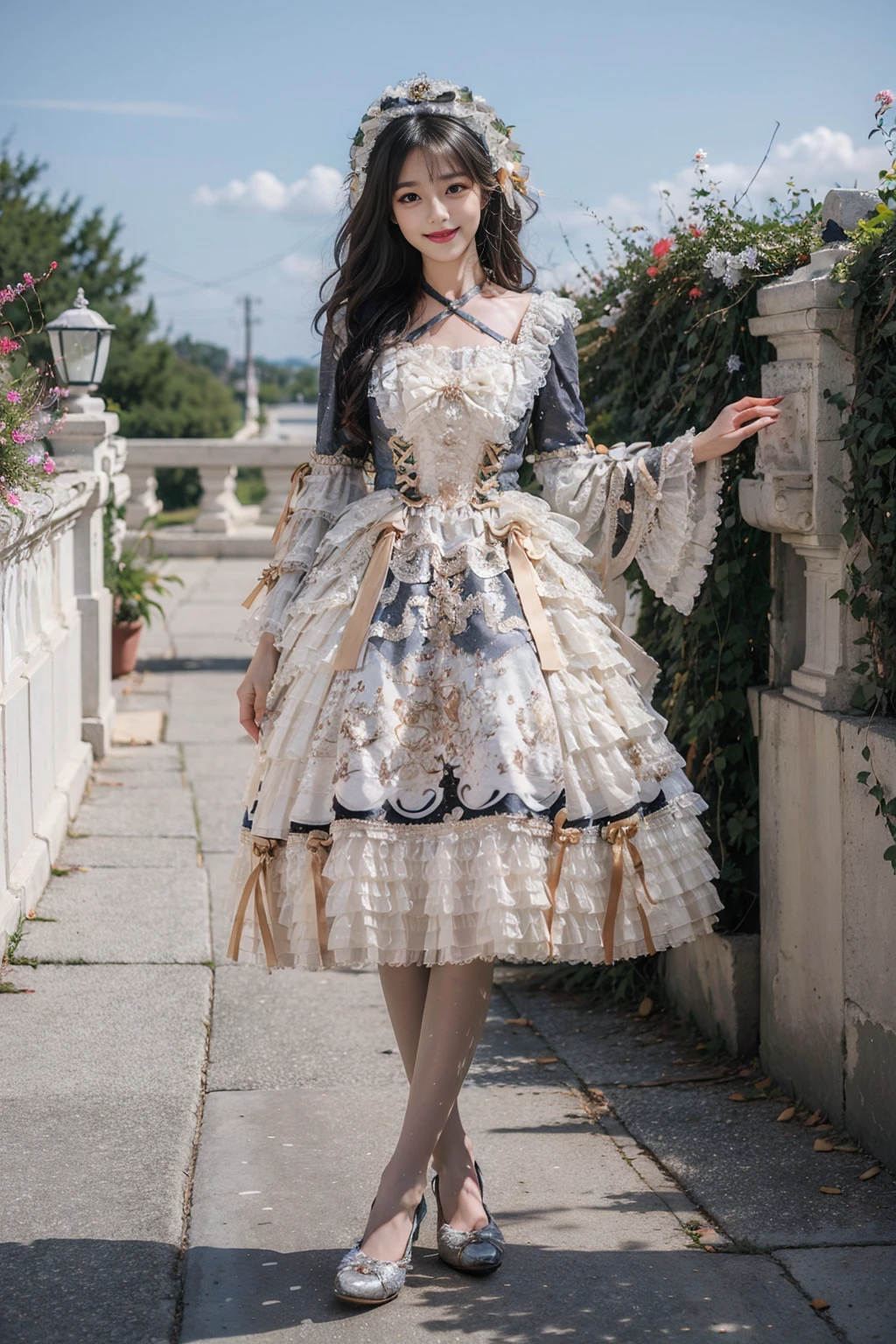 best quality, quality, masterpiece, photorealistic, 1girl, full body, looking at viewer, smile, long hair, black hair, lo dress, layered dress, frilled dress, criss-cross halter, hair ornament, pantyhose, high heels, detailed background, garden, flower, <lora:lo_dress_style4_v1:0.65>