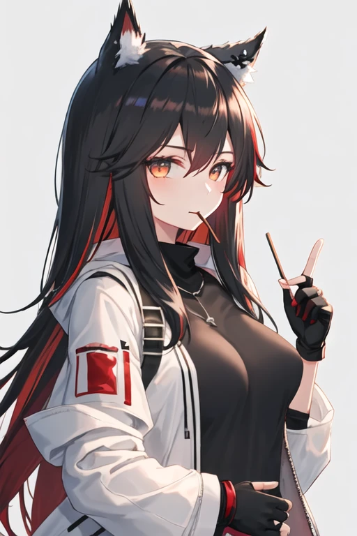 best quality, masterpiece, highres, solo, {texas_arknights:1.15}, black_hair, animal_ears, long_hair, wolf_ears, bangs, animal_ear_fluff, hair_between_eyes, multicolored_hair, red_hair, upper_body, breasts, two-tone_hair, brown_eyes, 1girl, closed_mouth, gloves, jacket, long_sleeves, black_gloves, fingerless_gloves, looking_at_viewer, white_jacket, colored_inner_hair, hand_up