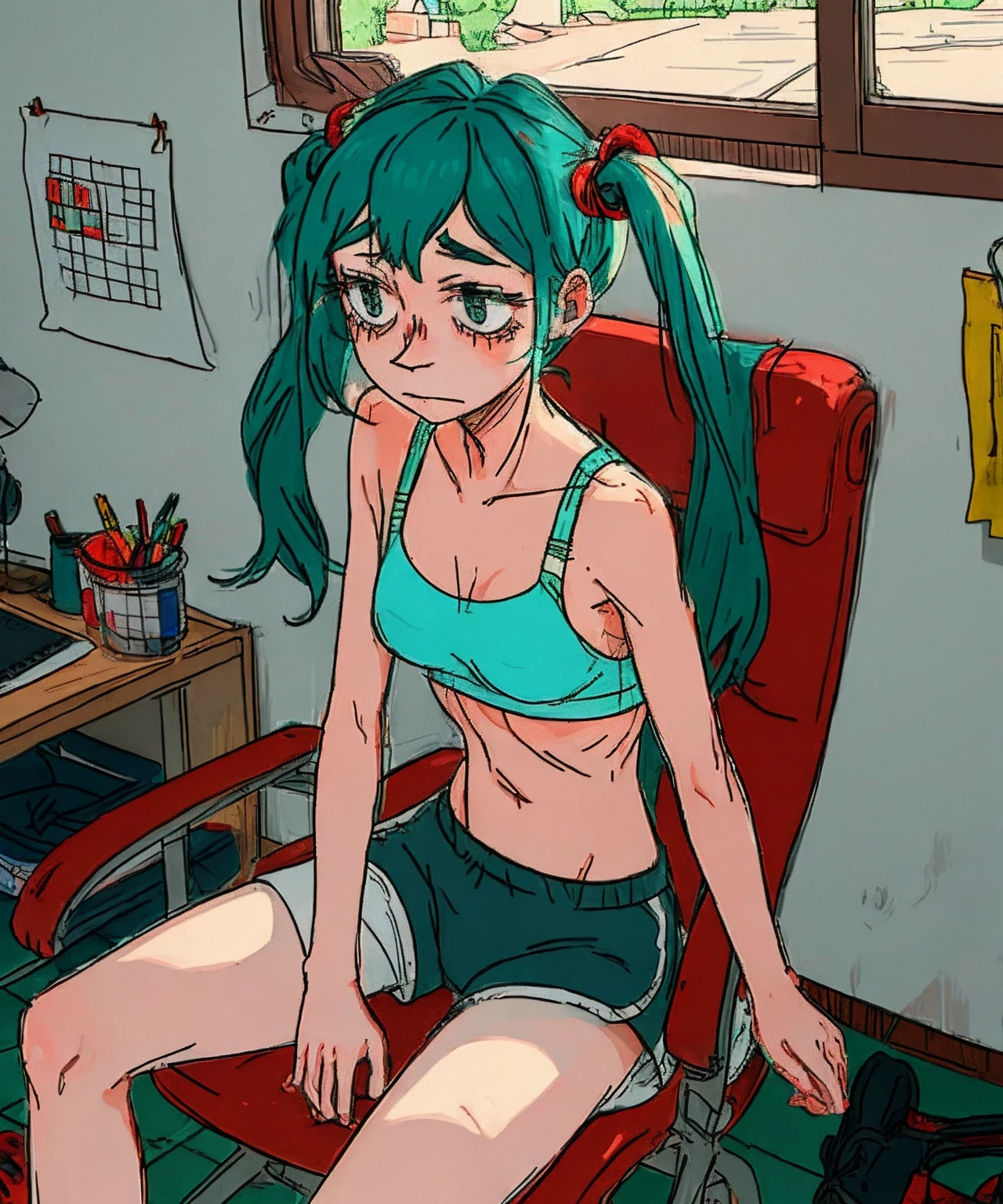 mi, 1girl, solo, aqua hair, long hair, long twintails, sport shorts, sport bra, sitting on chair, angular drawing, smr03, pointy nose, sketch