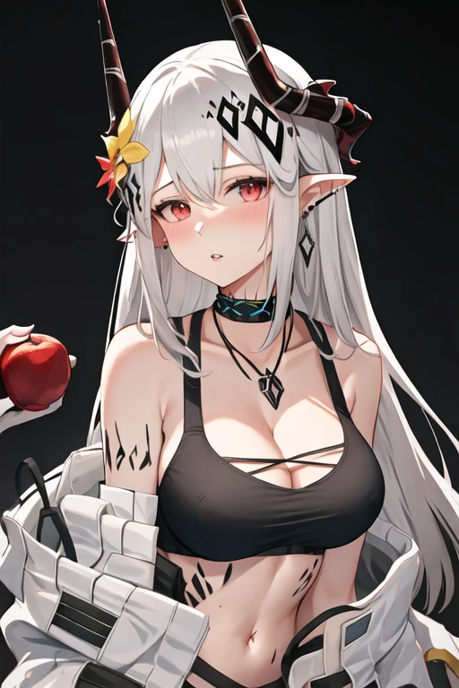 best quality, masterpiece, highres, solo, {mudrock_arknights:1.15}, horns, long_hair, bangs, red_eyes, pointy_ears, white_hair, breasts, hair_ornament, infection_monitor_\(arknights\), large_breasts, upper_body, oripathy_lesion_\(arknights\), cleavage, jewelry, parted_lips, grey_hair, hair_flower, 1girl, bare_shoulders, choker, collarbone, looking_at_viewer, sports_bra, black_choker, blush, hair_between_eyes, simple_background, white_background