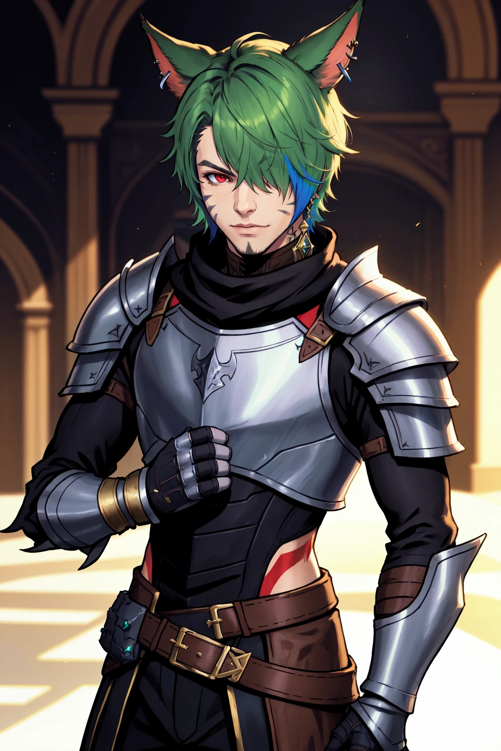 solo, looking at viewer, short hair, red eyes, 1boy, animal ears, jewelry, standing, male focus, multicolored hair, cowboy shot, earrings, green hair, cat ears, armor, hair over one eye, blurry, two-tone hair, blurry background, facial mark, shoulder armor, gauntlets, pauldrons, breastplate, vambraces, miqo'te, cat boy, neck tattoo, avatar (ff14) Earth-QualityPos