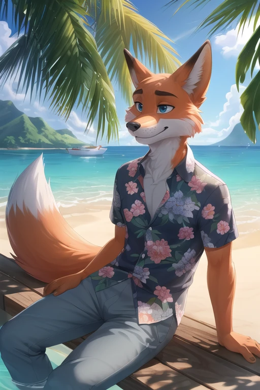 (best quality, highest quality, inticate, highres, 8k, anthropomorphic, furry, uploaded_on_e621:1.4), uploaded on e621, ((by Homogenousrule, by Wildering, by Foxovh, by Catcouch)),
solo ((nick wilde)) with ((neck tuft)) and (fluffy tail) and ((clear navy blue eyes)),
((half-length portrait)), ((wear blue hawaii floral shirt with grey pants)),
BREAK
((sitting at island with plant and water on sunny day, white boat)),
(detailed background, depth of field, half body shadow, sunlight, ambient light on the body),
(intricate:0.7), (high detail:1.2), (unreal engine:1.3), (sharp focus:1.15),
[explicit content, questionable content], (masterpiece, best quality, 4k, 2k, shaded, absurd res)