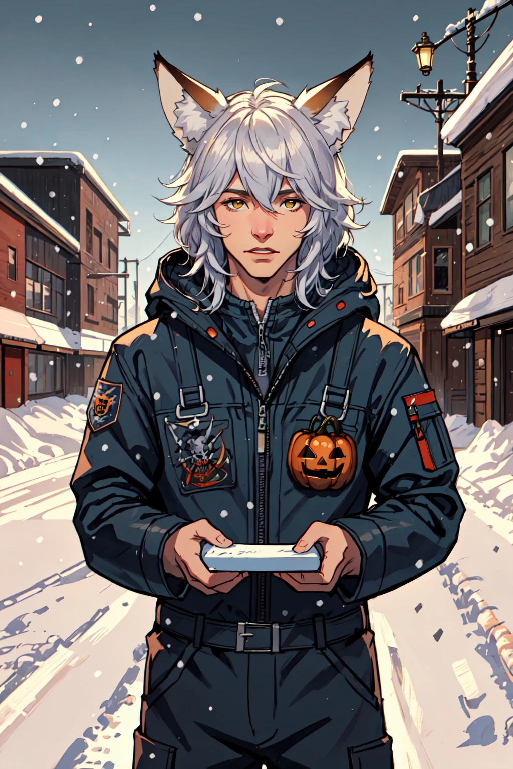 solo, 1boy, norman rockwell art, anthro, furry, fox ears, animal ears, animal ear fluff, winter coat, coveralls, winter scene, urban area, minnesota, middle of winter, halloween blizzard of 1991, expressive, detailed, semi realistic, vintage, retro, Cent-Angle:0.6