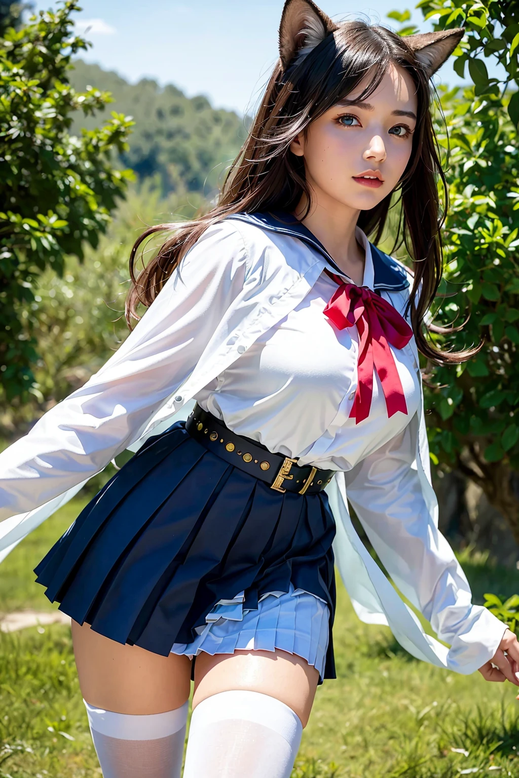 (photorealistic:1.4) , far shot, smile,,
BREAK
A girl with iridescent eyes and brown hair styled dynamically. Her eyes are beautiful and detailed, her lips glossy. She has medium breasts and wolf ears (emphasis:1.2).
BREAK
She wears a white cloak, gloves, sash, belt, shoes, and a white blouse with a sailor collar. She also wears knee-high socks and loafers, with a red ribbon. She has a button and badge on her navy blue pleated skirt.
BREAK
Her pose is at a dramatic angle with active motion (emphasis:1.2).