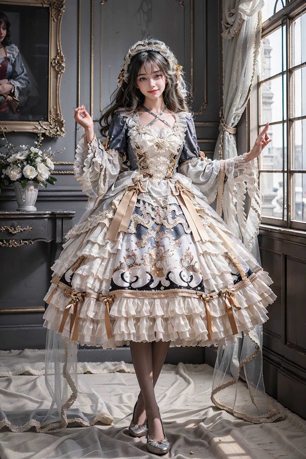 best quality, quality, masterpiece, photorealistic, 1girl, full body, looking at viewer, smile, long hair, black hair, hand up, lo dress, layered dress, frilled dress, criss-cross halter, hair ornament, white pantyhose, high heels, detailed background, indoors, palace, luxury decorations, window, sunshine, <lora:lo_dress_style4_v1:0.65>