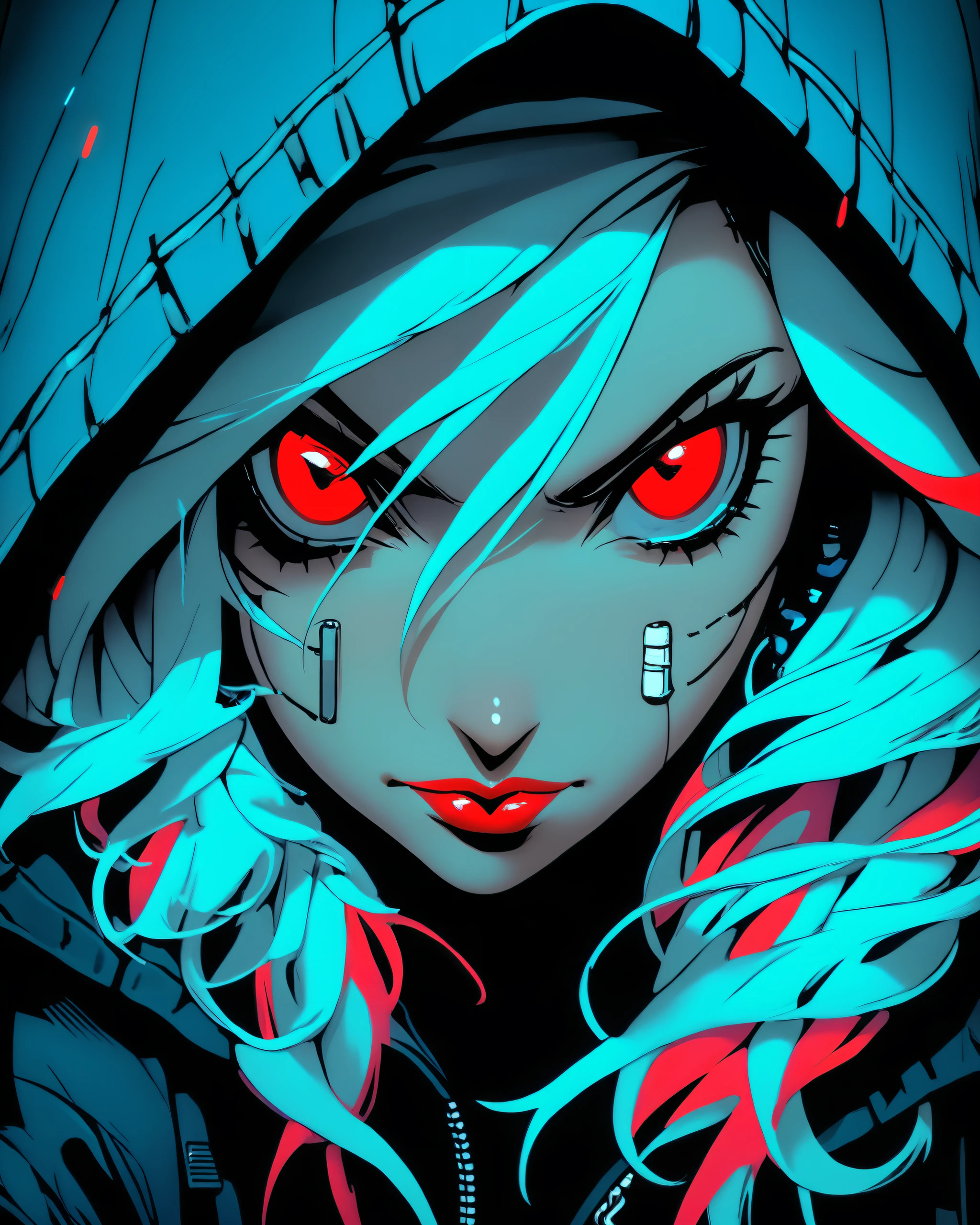 a closeup of a hooded cartoon character, vector art inspired by Aleksi Briclot, trend in deviantart, shock art, angry red bubble, character is covered in liquid, bright red face, epic digital art illustration, macabre smile, front face, vibrant fan art, vibrant cartoon art, iconic character, beeple and jeremiah ketner, rossdraw vibrant cartoon --auto --s2
