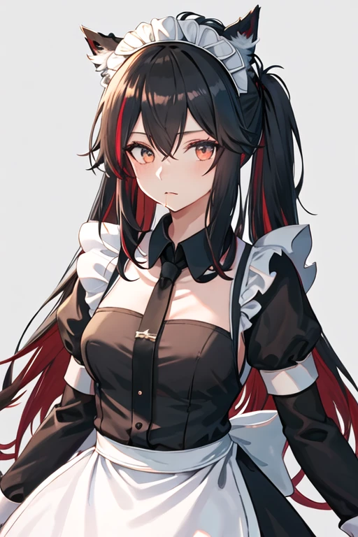 best quality, masterpiece, highres, solo, {maid:1.40}, {long maid dress:1.15}, {texas_arknights:1.15}, black_hair, animal_ears, long_hair, wolf_ears, bangs, animal_ear_fluff, hair_between_eyes, multicolored_hair, red_hair, upper_body, breasts, two-tone_hair, brown_eyes