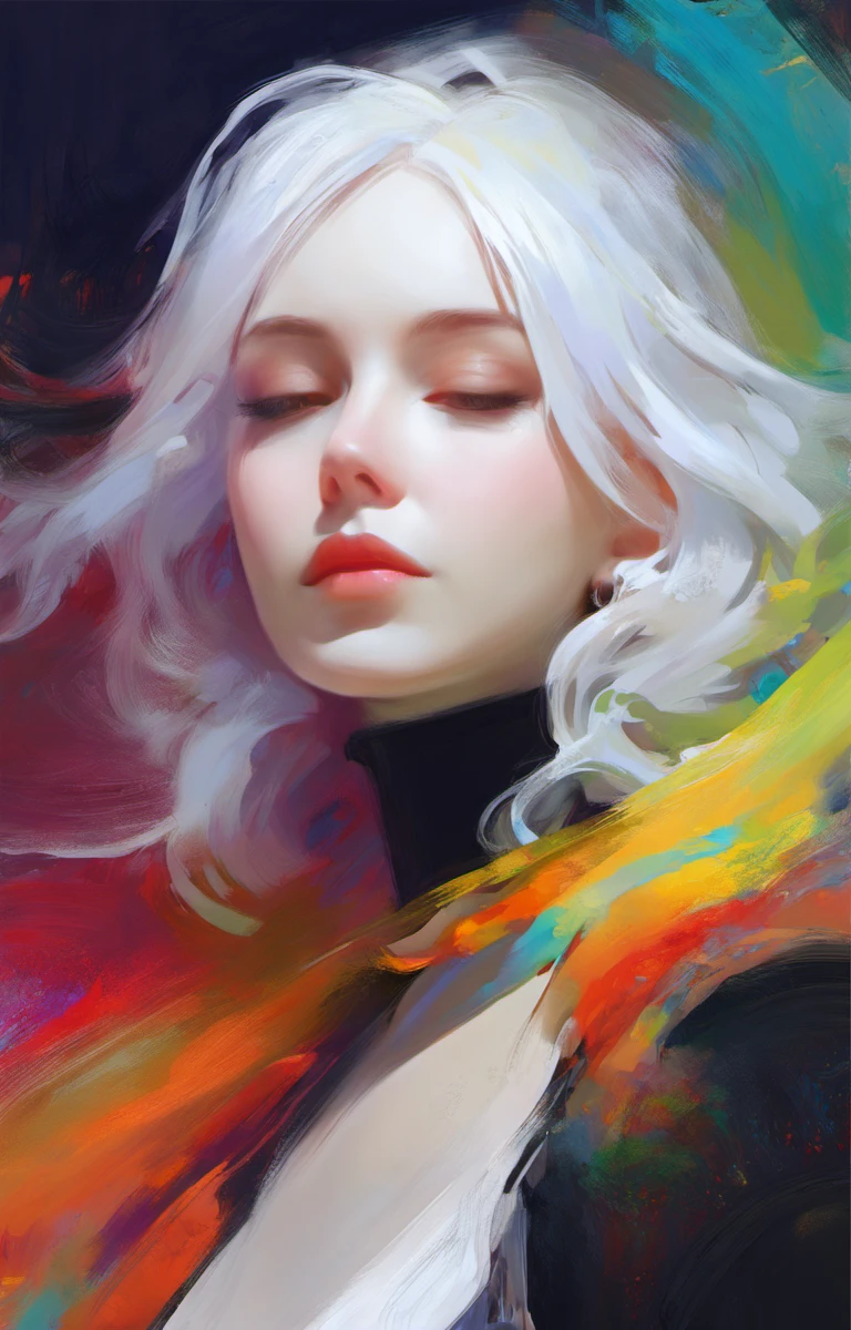 (Style by NTY:1.4), a woman, black shirt, white hair, intricate, colorful, <lora:OilPaint:0.7>