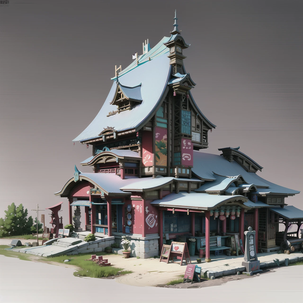 (masterpiece:1.2), best quality, masterpiece, highres, original, extremely detailed wallpaper, perfect lighting, CG,realism,oil painting,unreal engine,concept art,grey_background,scenery, building,science fiction,east asian architecture,