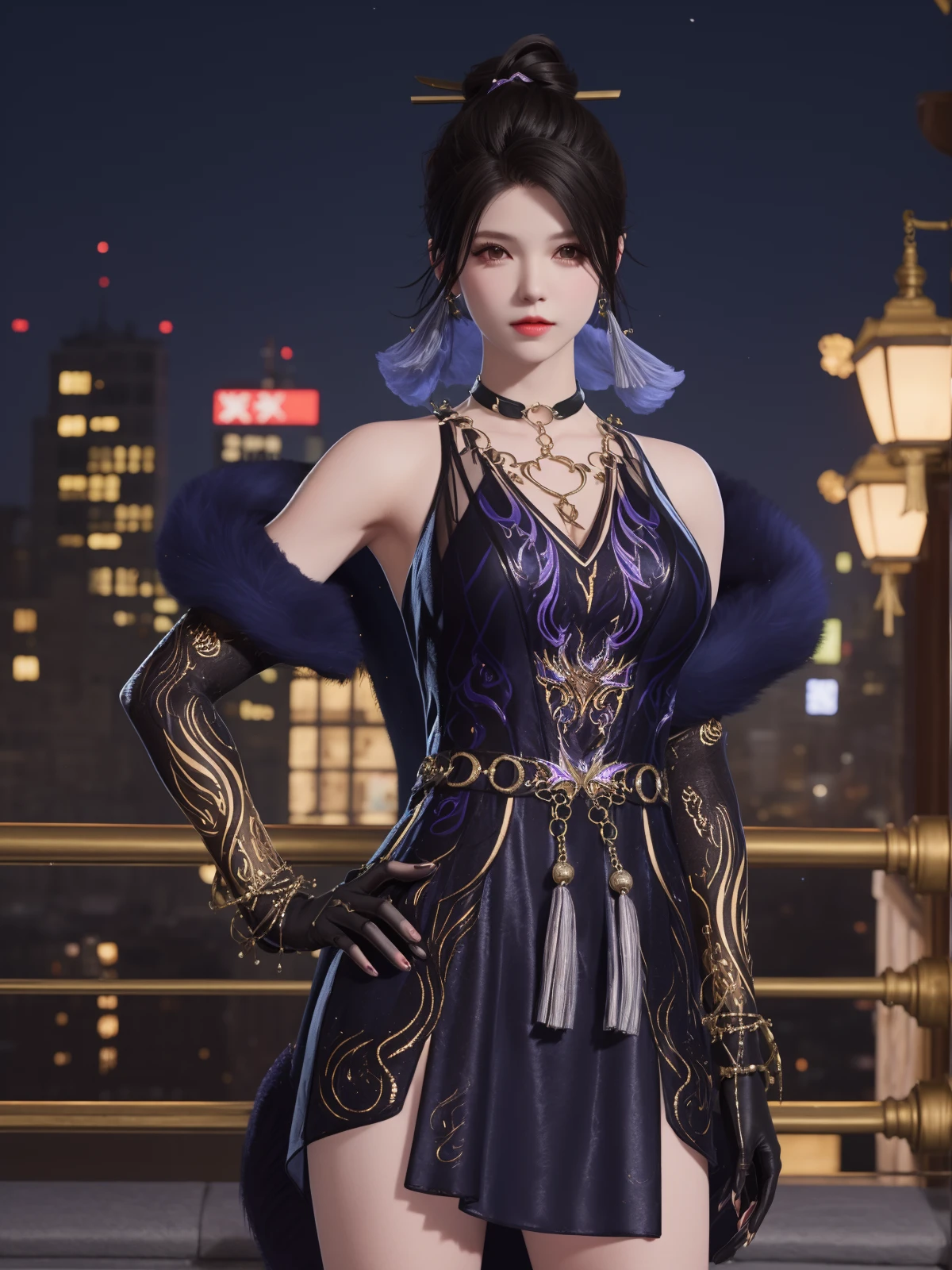 YJWJyulinglongXSLY, 1girl,jewelry, solo,black hair,single hair bun, dress, hair stick, yellow eyes, bracelet, bell,choker,fur trim,elbow gloves, tassel, <lora:YJWJyulinglongXSLY:0.75>,cityscape, night, looking at viewer, mature female, hand on hip,
